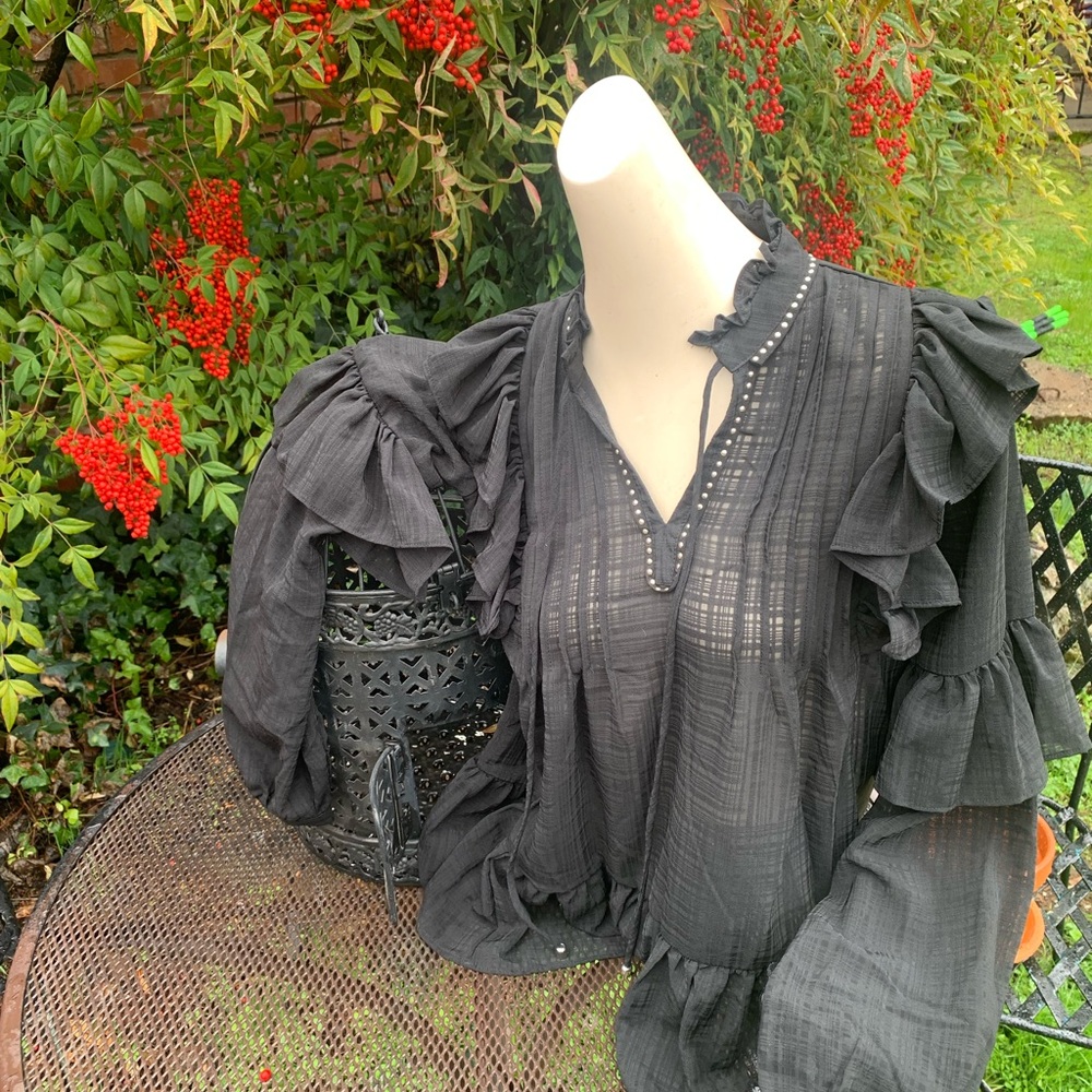 Free Generation ruffle front pirate black chiffon style sheer blouse top - Picture 8 of 15